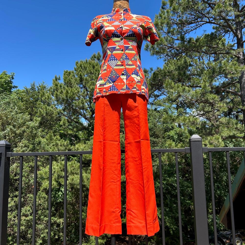 Vintage 60s Psychedelic Mandarin Patchwork + High Waist Flared Bell Bottom Set